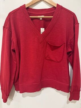 Anthropologie Red V-Neck Pocket Pullover
